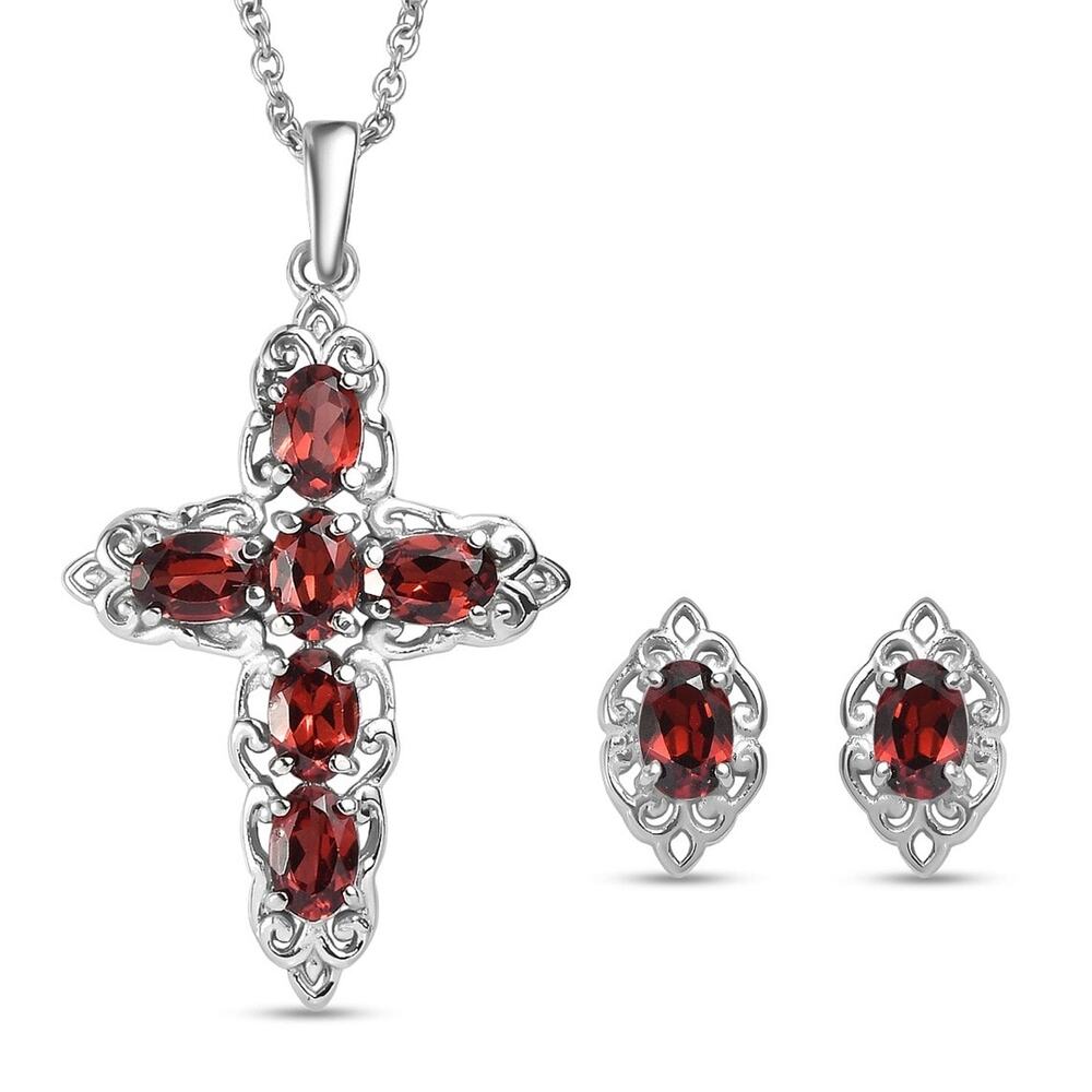Mozambique Garnet 4.6 ctw Earrings & Pendant Necklace (20 ") Stainless Steel NWB